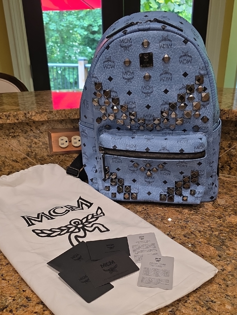 MCM Blue Visetos Studded Medium Backpack